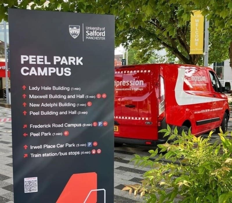 Hardwearing wayfinding signage installed by Impression at the University of Salford’s Peel Park campus to help students, staff and visitors find their way around.