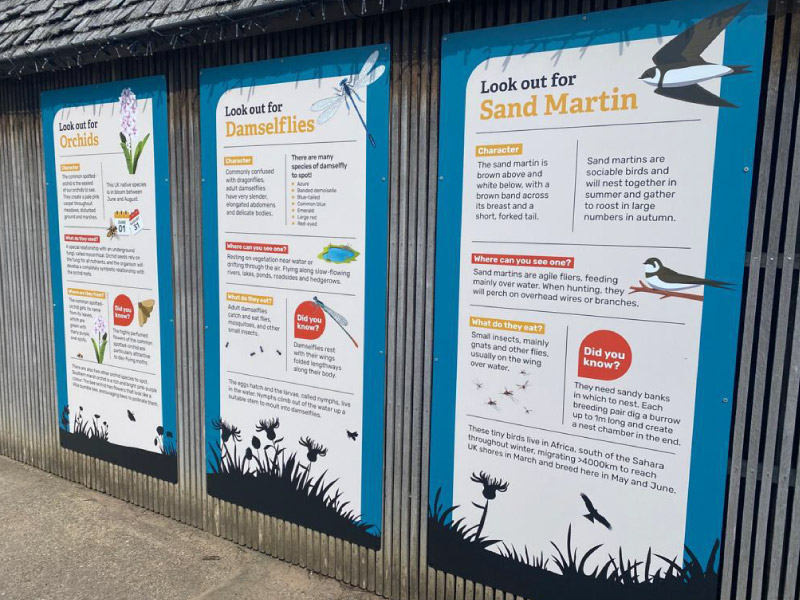 Large-format, informative external wall graphics installed at The Wildlife Trusts’ Brockholes Nature Reserve site in Preston, Lancashire by Impression, Bolton