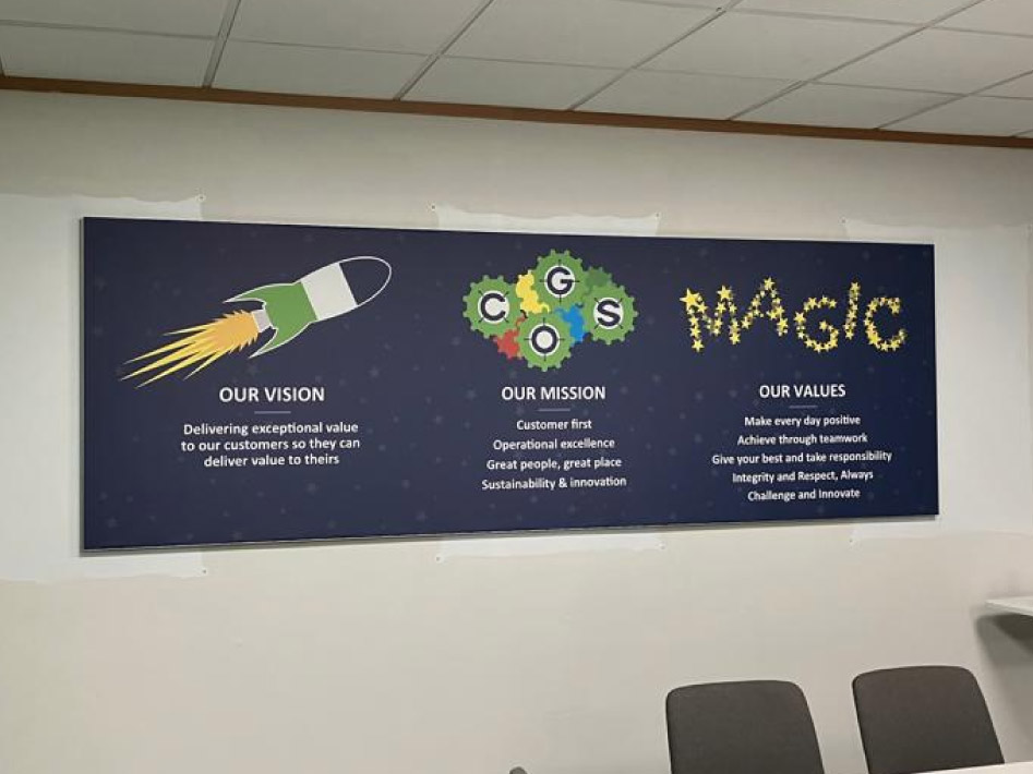 Internal wall graphics communicating Bunzl Retail Supplies’ brand values and messages printed and installed by Impression, Bolton