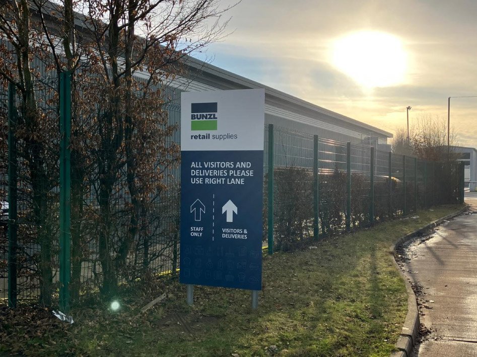 External directional signage production and installation by Impression at Bunzl Retail Supplies centre, Manchester