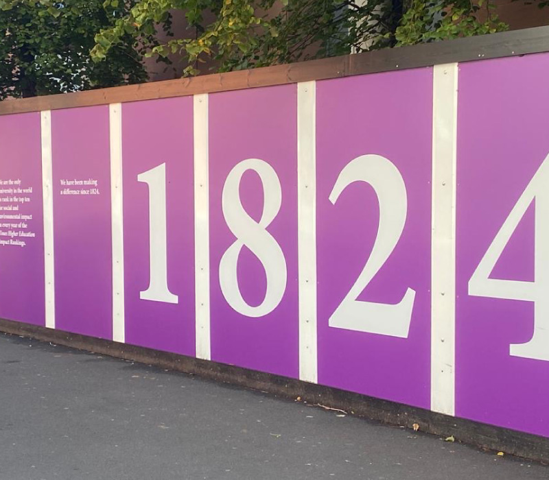Impression printed & installed informative, large format printed construction hoarding for University of Manchester to engage students.