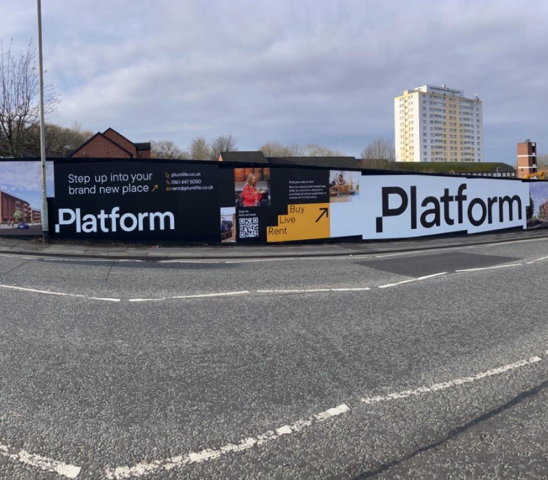 Printed construction hoardings in Manchester for property developer Platform, making an early impact to encourage new sales enquires by Impression Ltd.