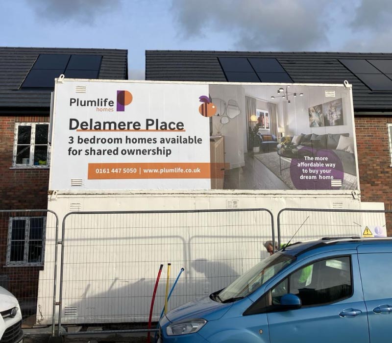 Bold, large format graphic printed & installed on tough construction hoarding material by Impression for housing developer Plumlife homes.