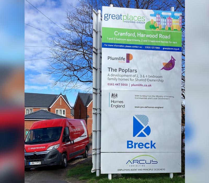 Large, highly visible & branded external signage at Plumlife homes’ new build development printed & installed by Impression in Manchester.