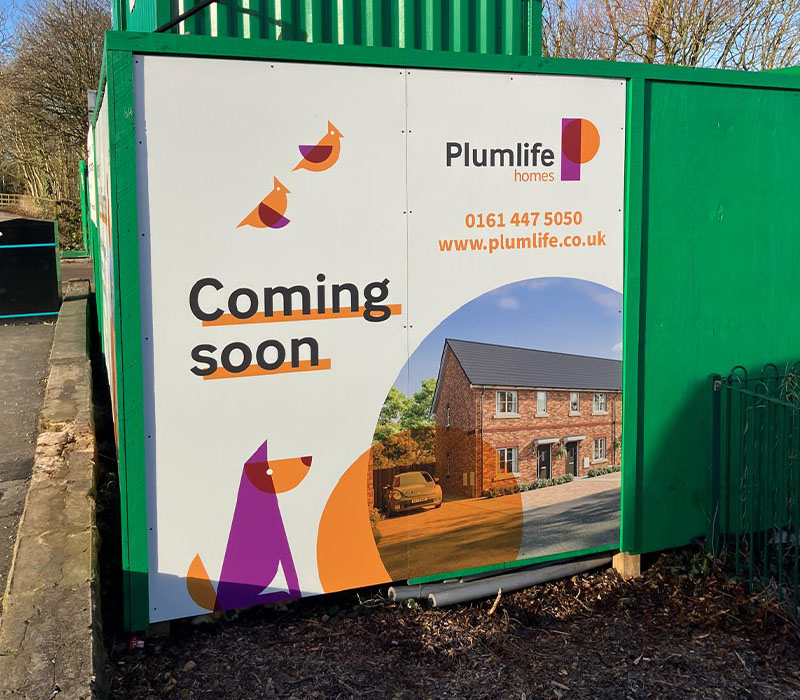 Plumlife branded construction and site hoardings printed in-house by Impression