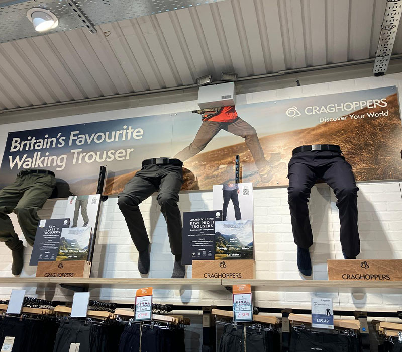 Trouser wall display designed in line with Craghoppers’ unique brand visuals