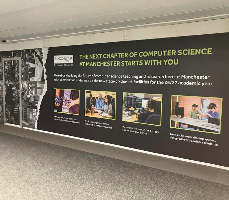 Simple but striking large format graphic in the Kilburn Building at the University of Manchester, printed and installed by Impression.