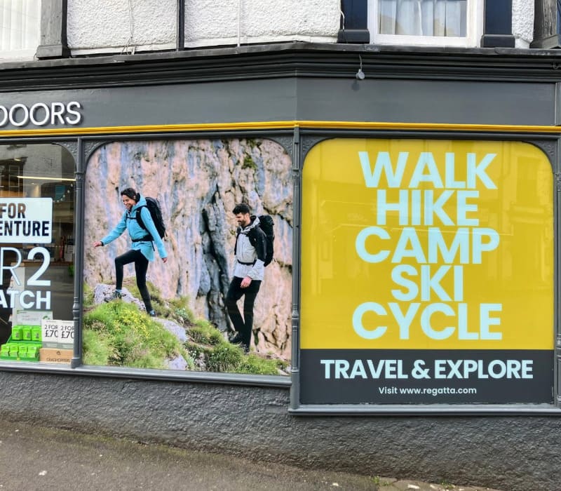 Impression installed bold large format window graphics for Regatta at its retail store in Bowness-on-Windermere, turning heads of shoppers passing-by.