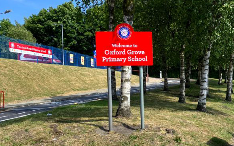 Roadside ground-mounted external sign in Manchester