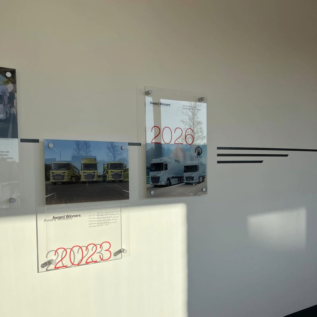 DAF Trucks award plaques on the wall of one of its UK offices