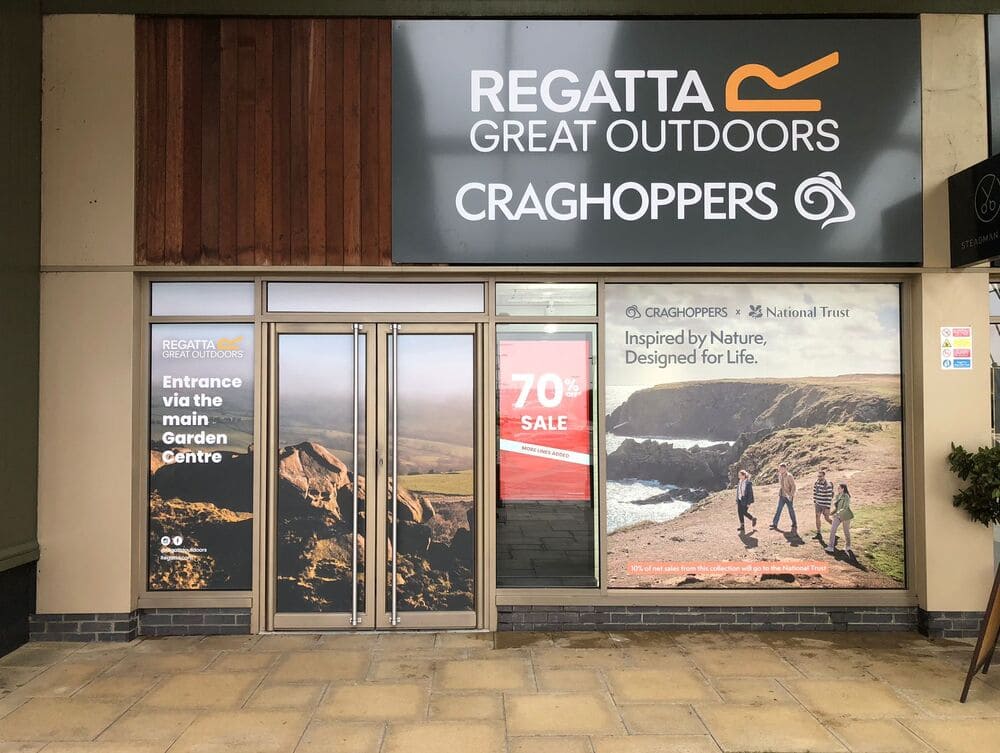 Bespoke, large format window graphics and large format external signage outside this Regatta and Craghoppers retail store, printed and installed by Impression