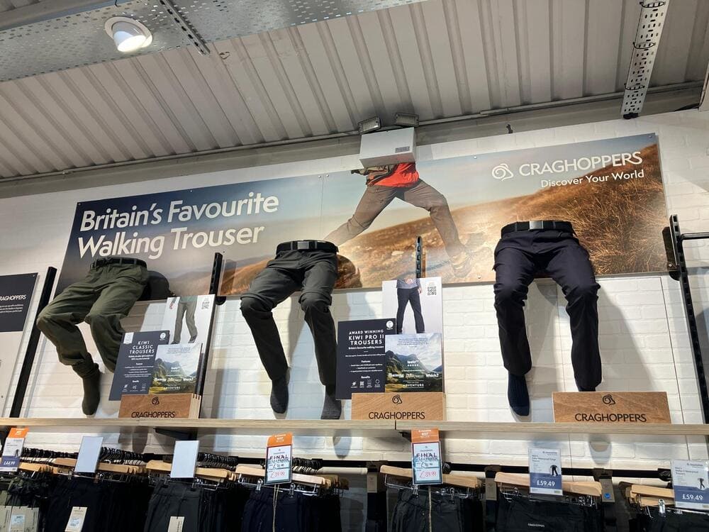 Striking âtrouser wallâ designed in line with Craghoppersâ unique brand visuals, produced and installed by Impressionâs team at this retail store