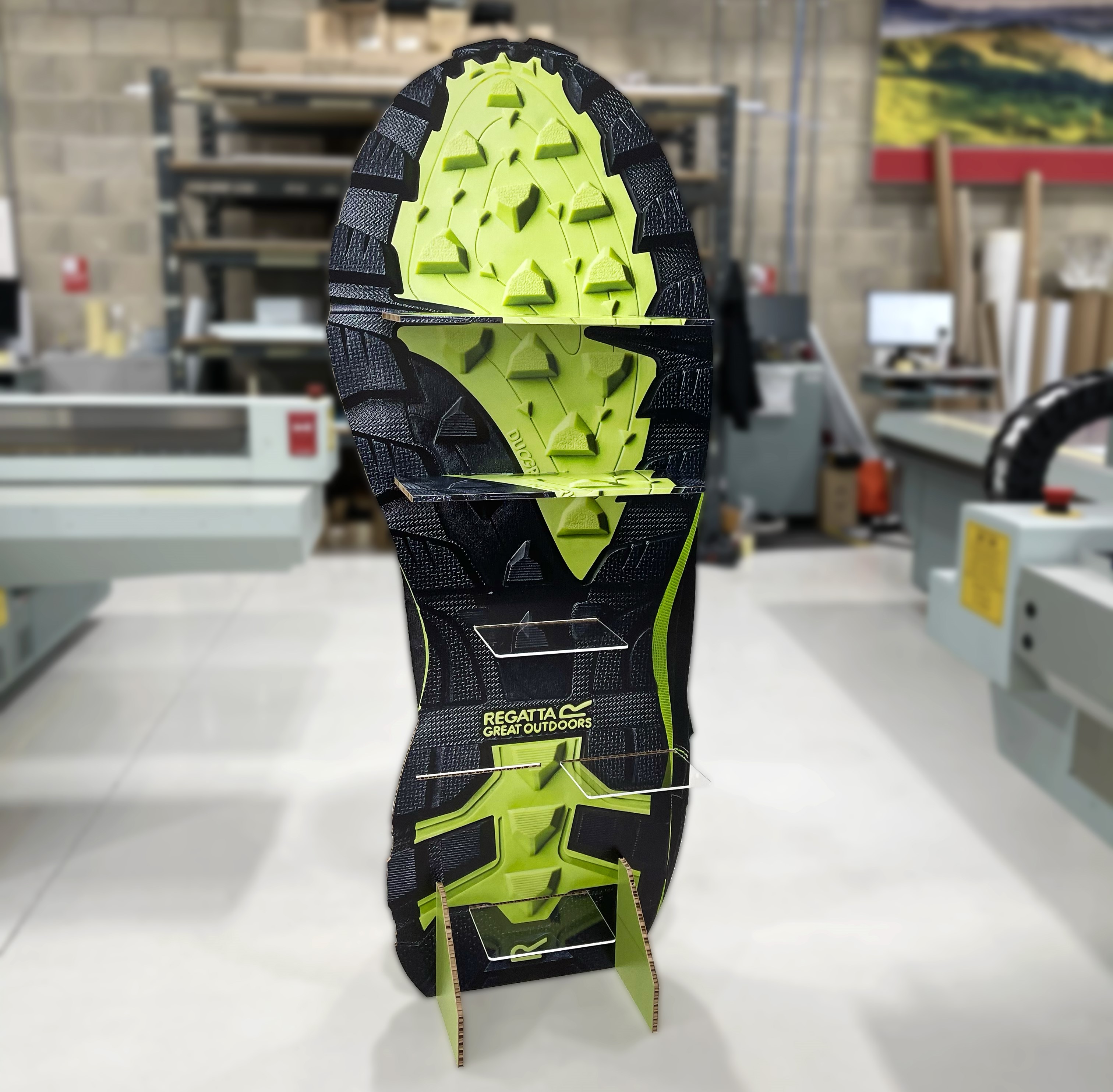 Sustainable cardboard footwear display unit for Regatta’s outdoor range.
